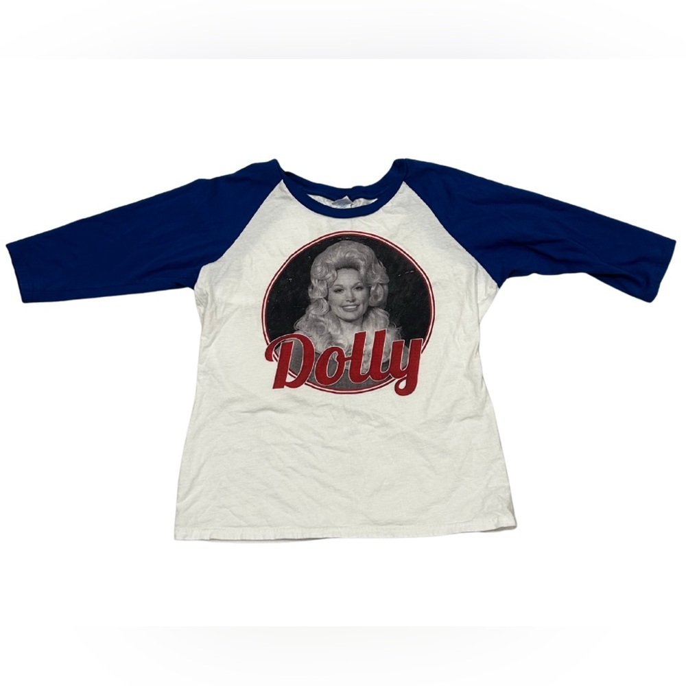 Dolly Parton Graphic Ringer 3/4 Sleeve T-Shirt | White/Blue | Size L
